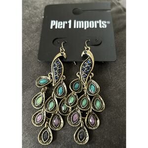 Multicolored Enamel Peacock Pierced Earrings Dangle 1990s Movement Vintage Bling